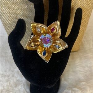 Joseph Warner Gold Flower Brooch with Multicolor Gemstones
